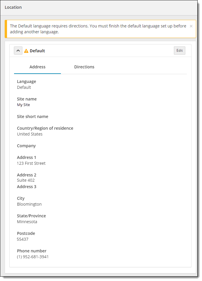 Location page withoutDefault directions added to the system.